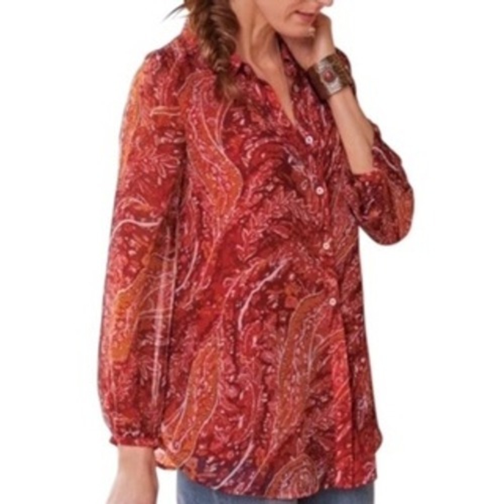 SOFT‎ SURROUNDINGS Paisley Blouse Medium Red Orange Sheer Boho Button Down Top